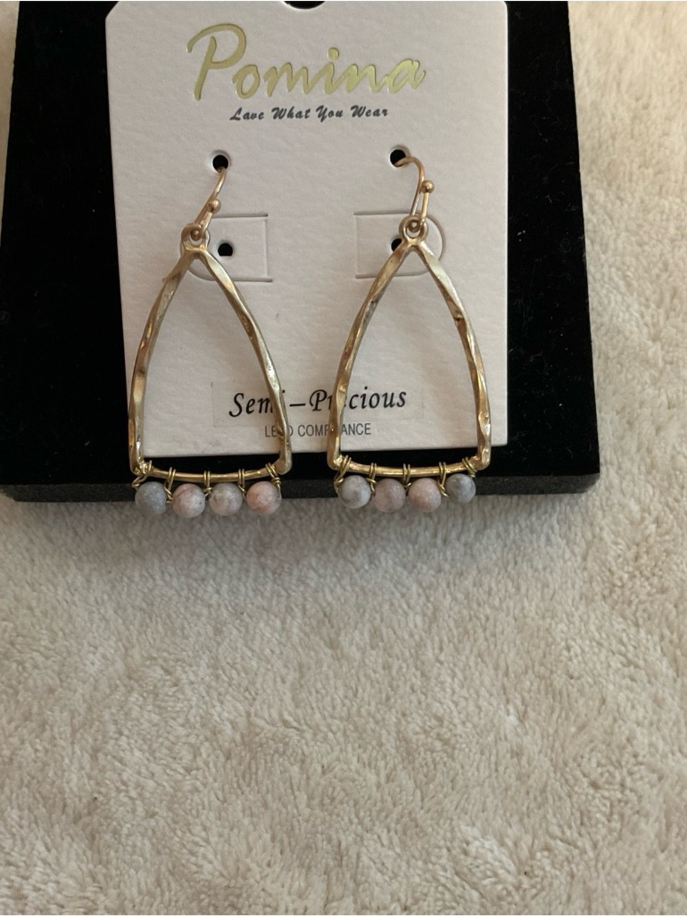 Pomina Gold Teardrop Earrings with Pink and Gray Beads